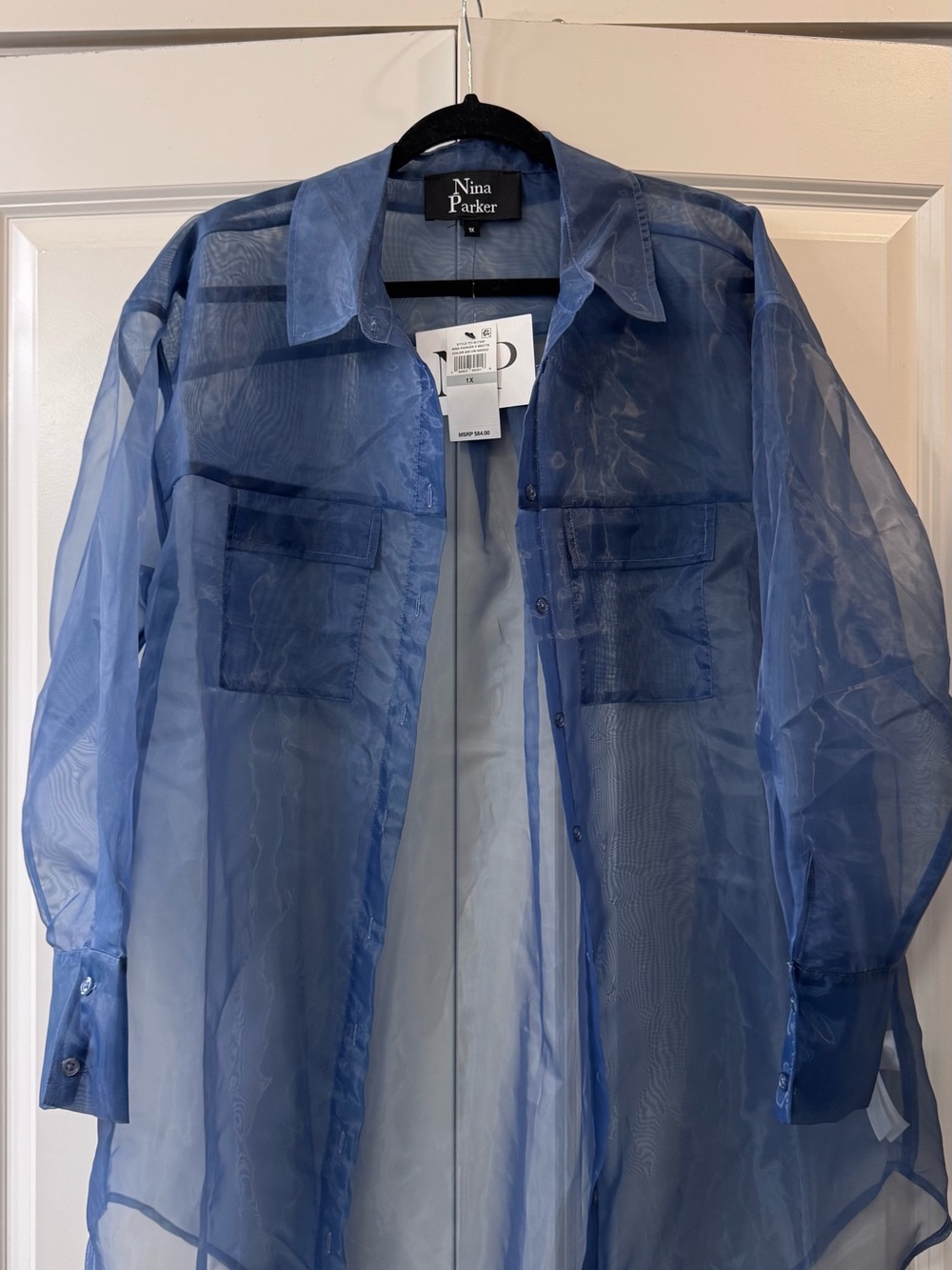 NWT Nina Parker Sheer Oversized Shirt in Indigo Blue